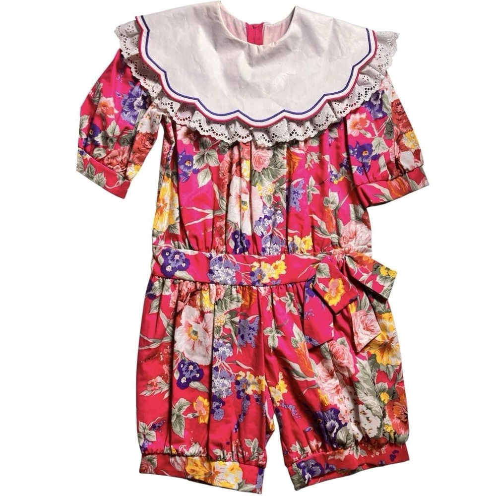 Vintage Chocolate Soup Pink Floral Round Lace Collar Shortalls‎ Romper Outfit 10